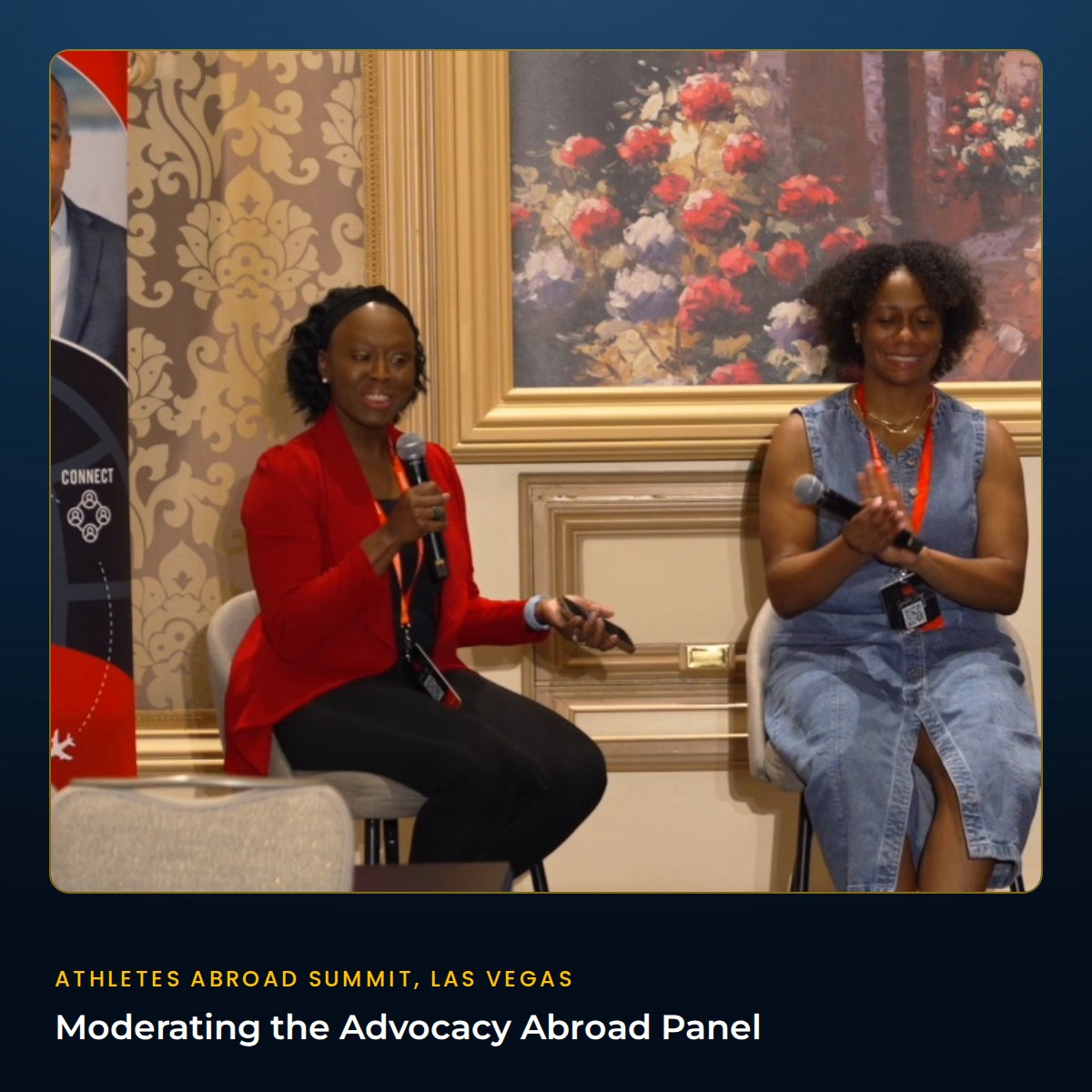 Danyail Lawton moderating the Advocacy Abroad panel at the Athletes Abroad Summit in Las Vegas