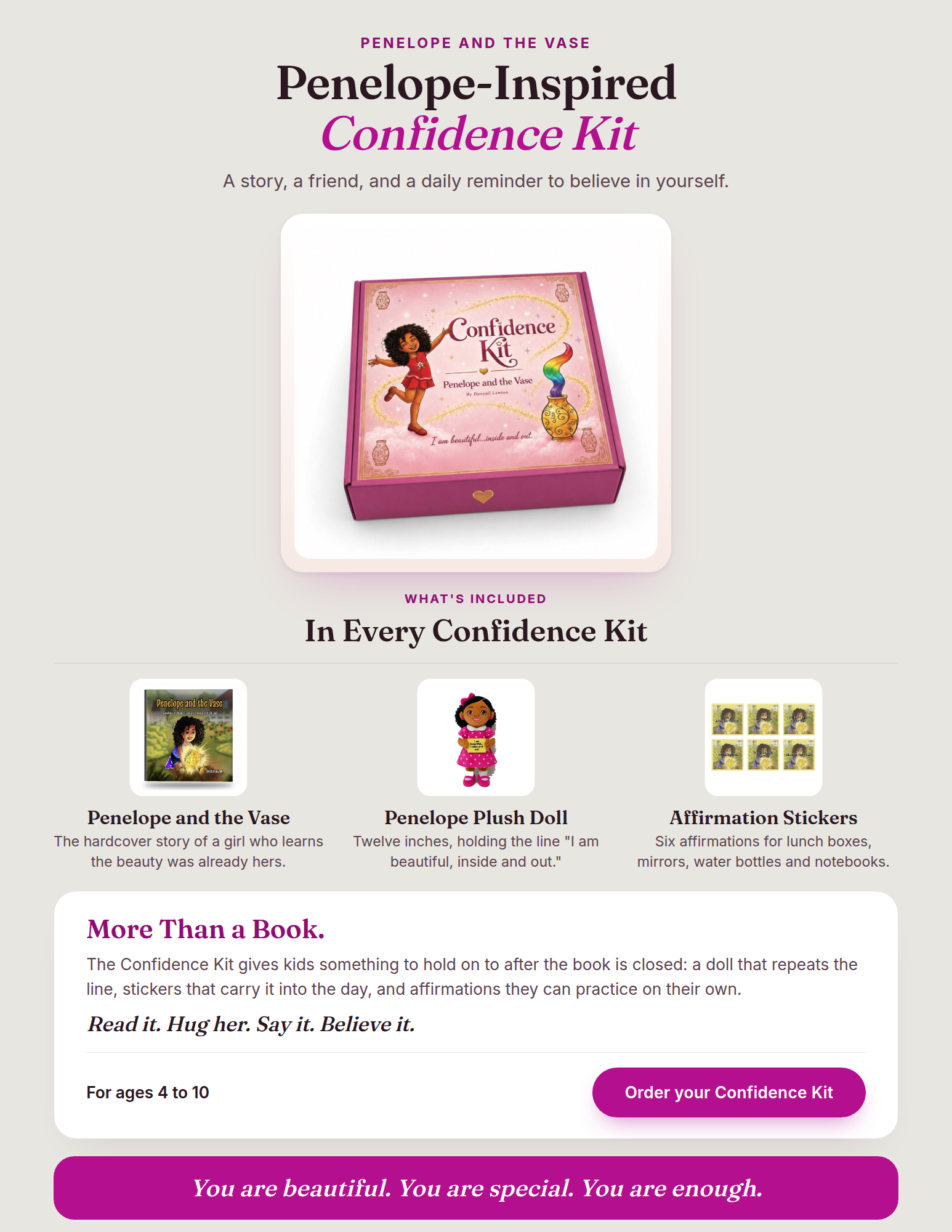 Penelope-Inspired Confidence Kit: book, plush doll, and affirmation stickers